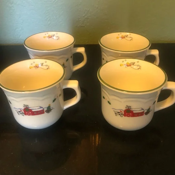 Four Pfaltzgraff Cups Snow Village 10 Oz. Cups Mugs Holiday Angel Barn - Picture 2 of 6